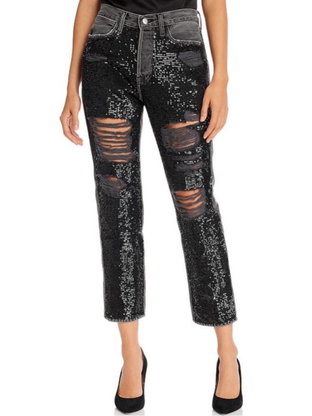 NWT Frame Sequin Front Ripped Ankle Straight Leg Jeans